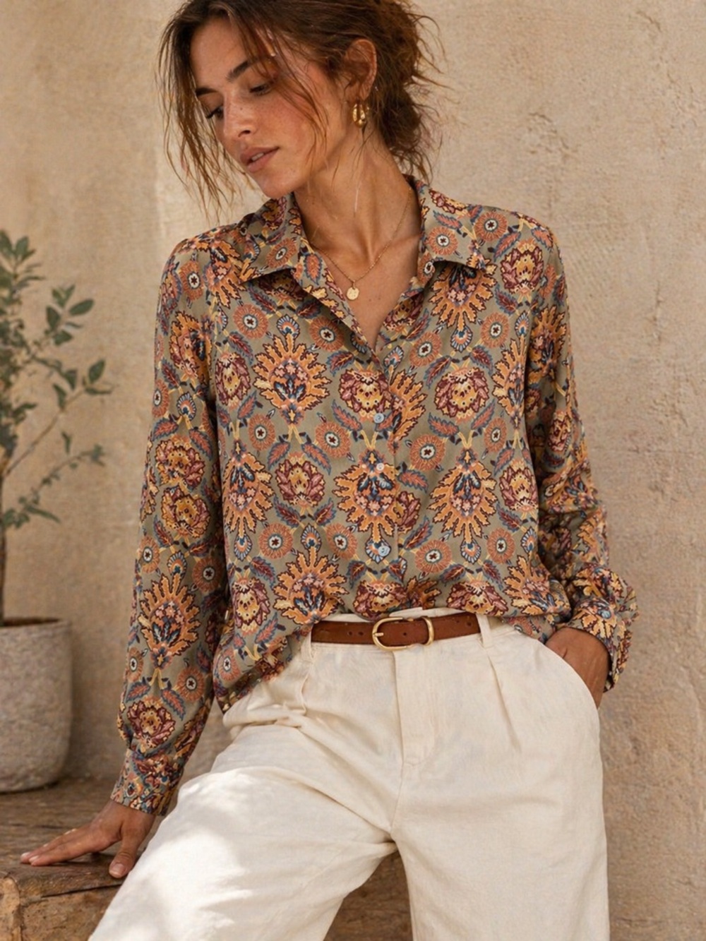 Jordan Blue Label Boho Floral Button Front Blouse Size M